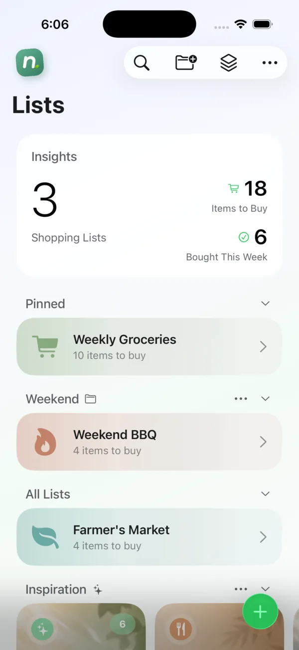 The Nabsy app showing shopping lists